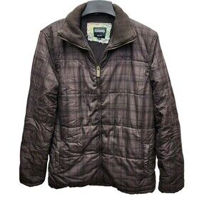 Billabong Quilted Puffer Jacket Mens Large Brown Plaid Zip Fleece Lined Y2K